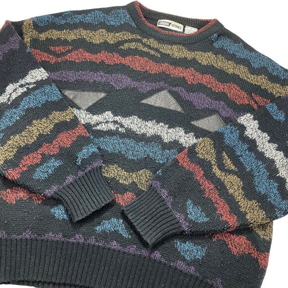 VTG 90s Urban Works Knit Geometric Sweater size L Acrylic w/ Leather Trim - Picture 1 of 7
